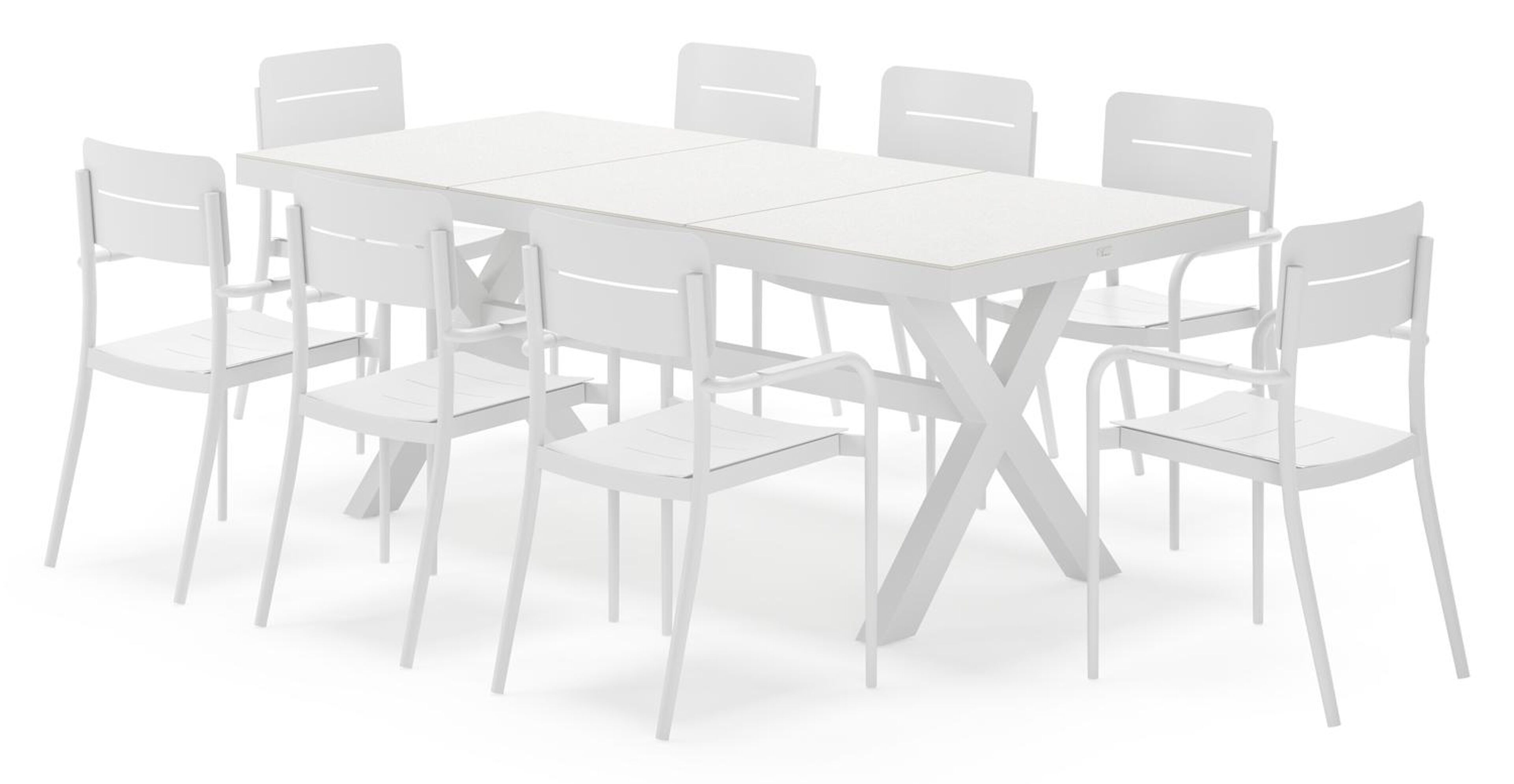 Bahia tuinset rechthoekig in wit aluminium en sintered stone grijs met 8 Salto tuinstoelen