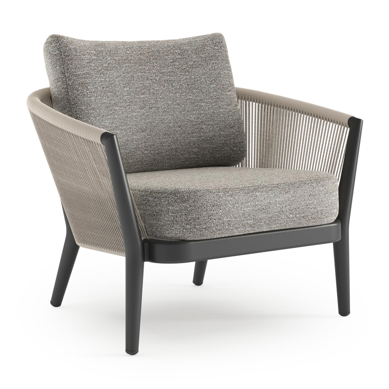 Orso loungestoel in zwart aluminium en beige verticaal geweven ronde rope met Tundra Pepper all weather sunbrella® luxe kussen