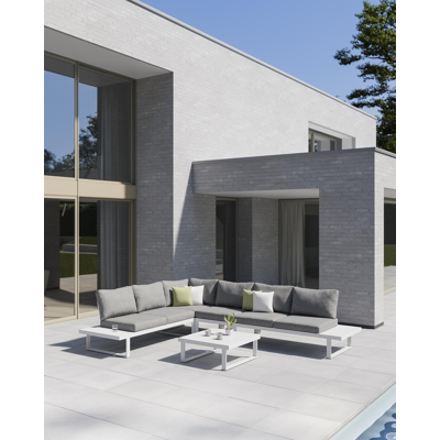 Serado loungehoek in wit aluminium met grijs polyester kussens en loungetafel