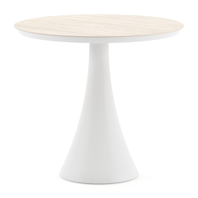 Table de jardin Fano ronde en aluminium blanc et céramique pleine Travertino Bianco - Diam. 85 x Haut. 74 cm