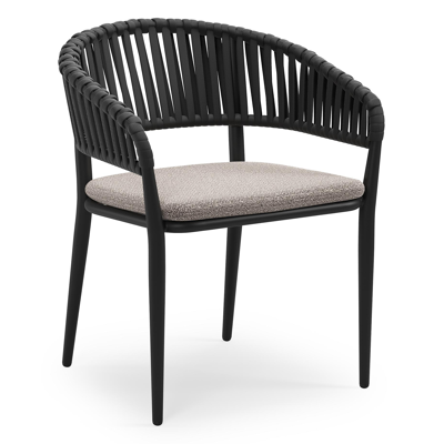 Tolfa stapelbare tuinstoel in zwart aluminium en zwart verticaal geweven luxe vlakke brede rope met stoelkussen in All Weather Sunbrella® Luxe Wander Granite