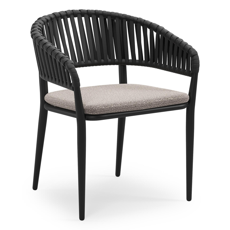 Tolfa stapelbare tuinstoel in zwart aluminium en zwart verticaal geweven luxe vlakke brede rope met stoelkussen in All Weather Sunbrella® Luxe Wander Granite