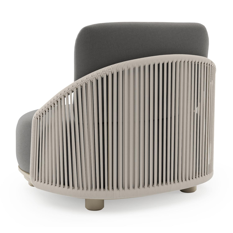 Fauteuil de jardin Vadelo en aluminium beige et corde ronde tissée verticalement beige et coussins en all weather sunbrella® luxe natte charcoal chine