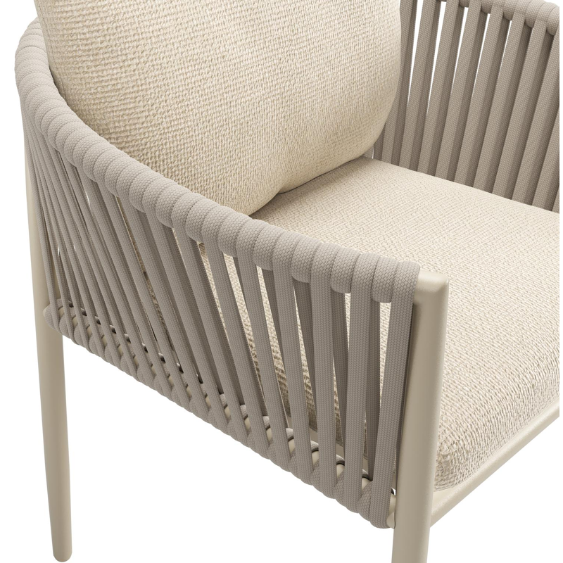 Organo tuinstoel in beige aluminium en beige verticaal geweven luxe vlakke rope met kussen in All Weather Cosytica Althea Chalk