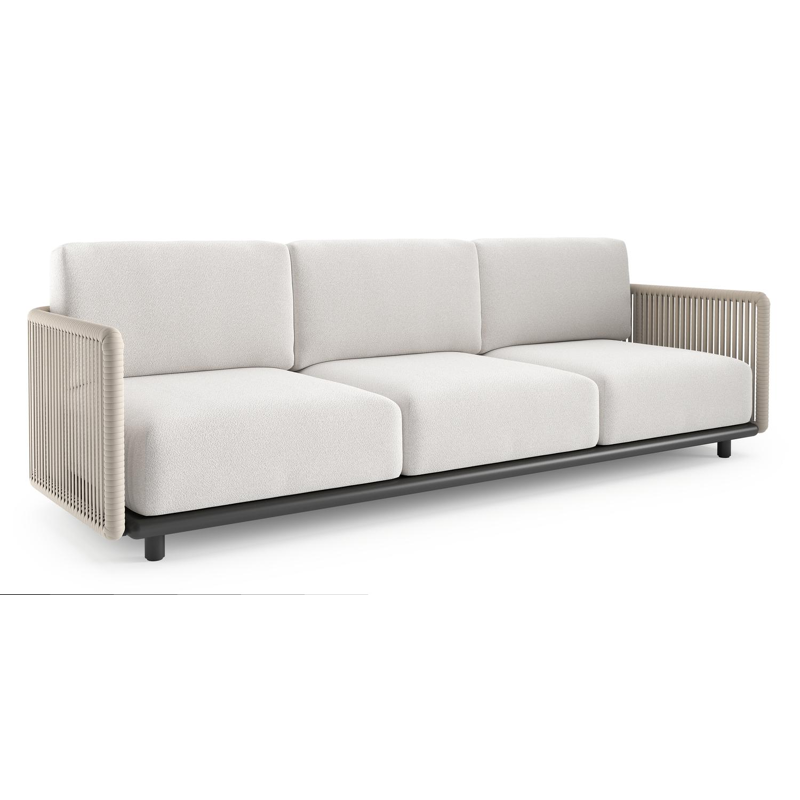 Canapé de jardin Organo en aluminium noir et corde luxe plate tissée verticalement beige et coussin en all weather Solica soul optik