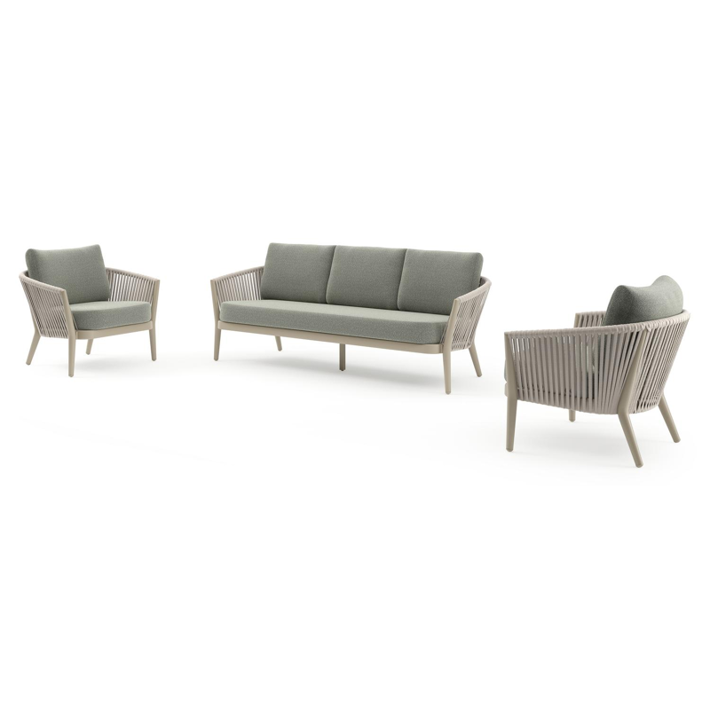 Orso loungeset in beige aluminium en beige verticaal geweven ronde rope met Savane Leaf all weather sunbrella® luxe kussen