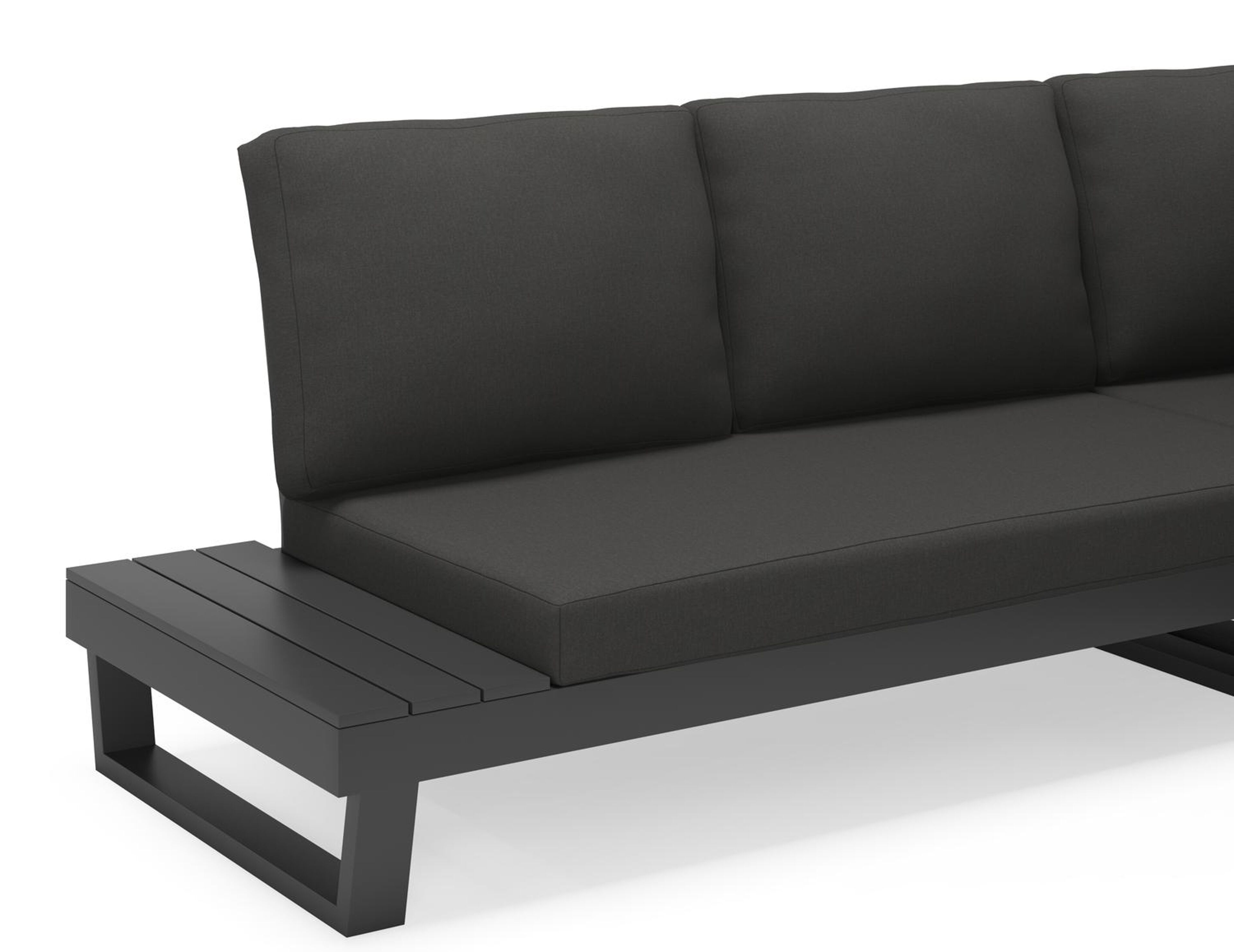 Modica loungehoek in zwart aluminium met natte sooty all weather sunbrella® premium kussens en loungetafel