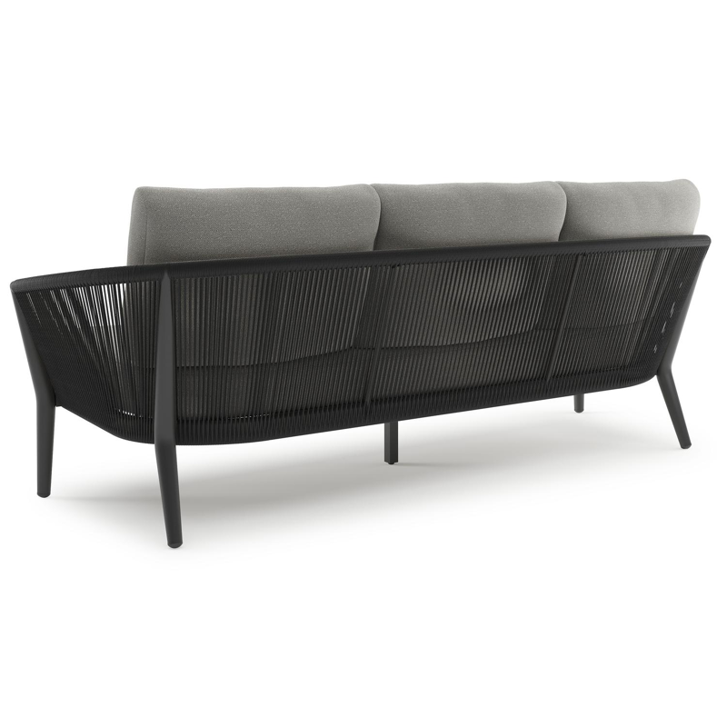 Orso loungebank in zwart aluminium en zwart verticaal geweven ronde rope met Savane Zinc all weather sunbrella® luxe kussen