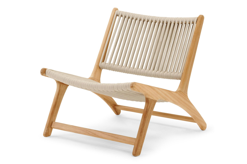 Cosito loungestoel 1-zit in teak en beige verticaal geweven luxe vlakke rope