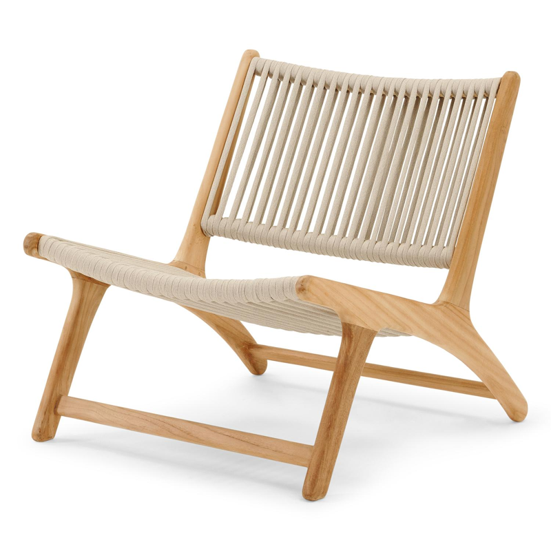 Cosito loungestoel 1-zit in teak en beige verticaal geweven luxe vlakke rope