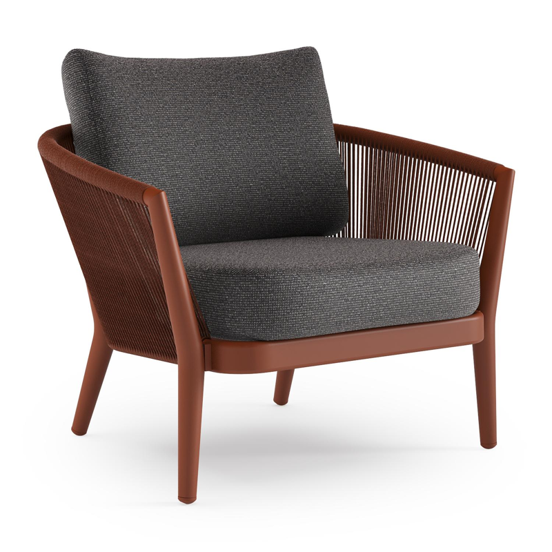 Orso loungestoel in roestbruin aluminium en roestbruin verticaal geweven ronde rope met Firenze Tunder all weather solica kussen