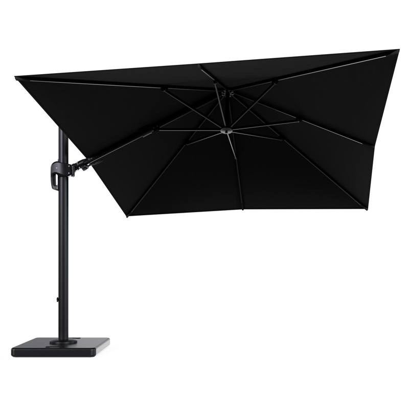 Rufina zweefparasol tiltfunctie in zwart aluminium en parasoldoek in All Weather Sunbrella® Luxe Natte Sooty - L1 300 x L2 300 cm met parasolvoet Lapido 120 kg