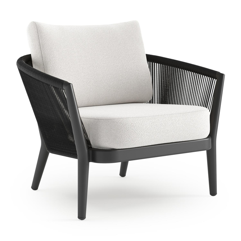 Orso loungestoel in zwart aluminium en zwart verticaal geweven ronde rope met Soul Optik all weather solica kussen
