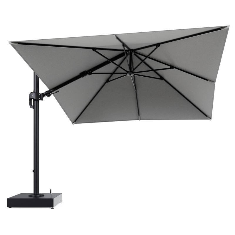 Rufina zweefparasol met tiltfunctie in zwart aluminium en Savane Nimbus All Weather Sunbrella® Luxe parasoldoek - L1 300 x L2 300 cm met parasolvoet Minore 150 kg met wielen