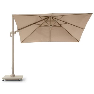 Avola zweefparasol met tiltfunctie in beige aluminium en rustic Weather+ Softtouch parasoldoek - L1 300 x L2 300 cm met Avola parasolvoet beige 90 kg