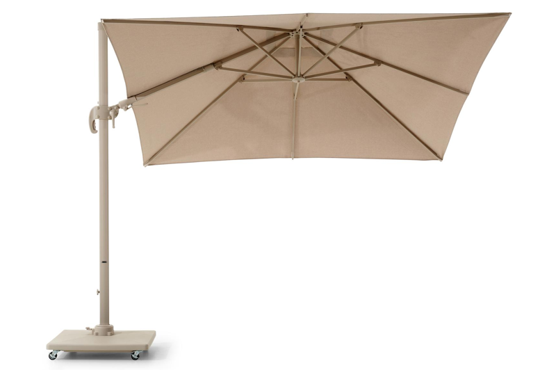Avola zweefparasol met tiltfunctie in beige aluminium en rustic Weather+ Softtouch parasoldoek - L1 300 x L2 300 cm met Avola parasolvoet beige 90 kg