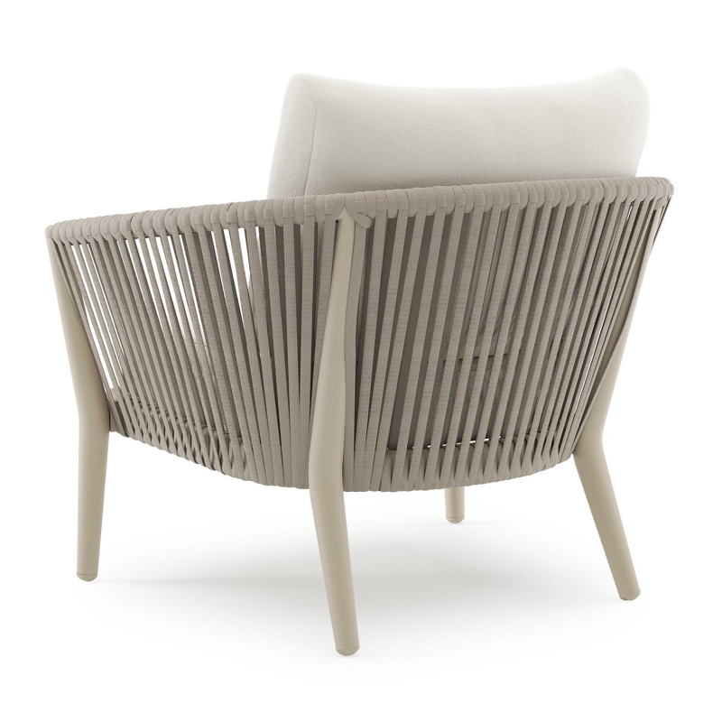 Fauteuil de jardin Orso en aluminium beige en corde luxe plate tissée verticalement beige et coussins en all weather sunbrella® luxe Savane White