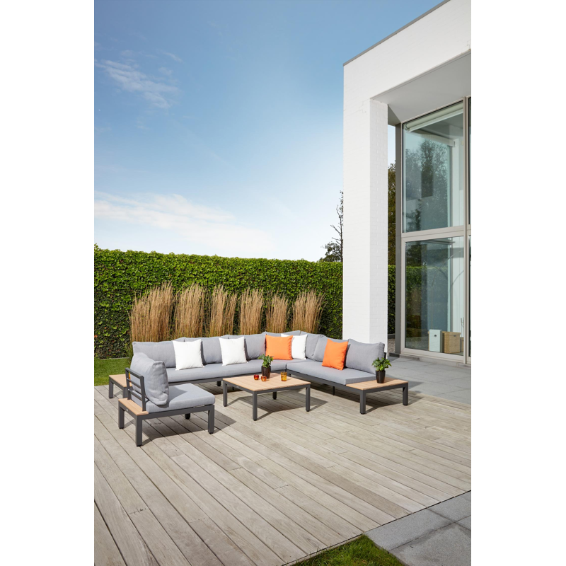 Toma loungezetel 1-zit in zwart aluminium en polywood met grijs polyester kussen