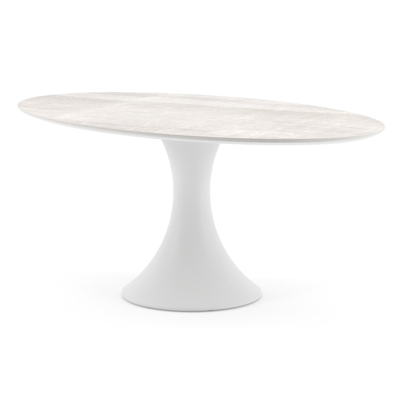 Table de jardin Fano ovale en aluminium blanc et céramique pleine Taj Mahal - Lg. 180 x Lrg. 110 x Haut. 74 cm