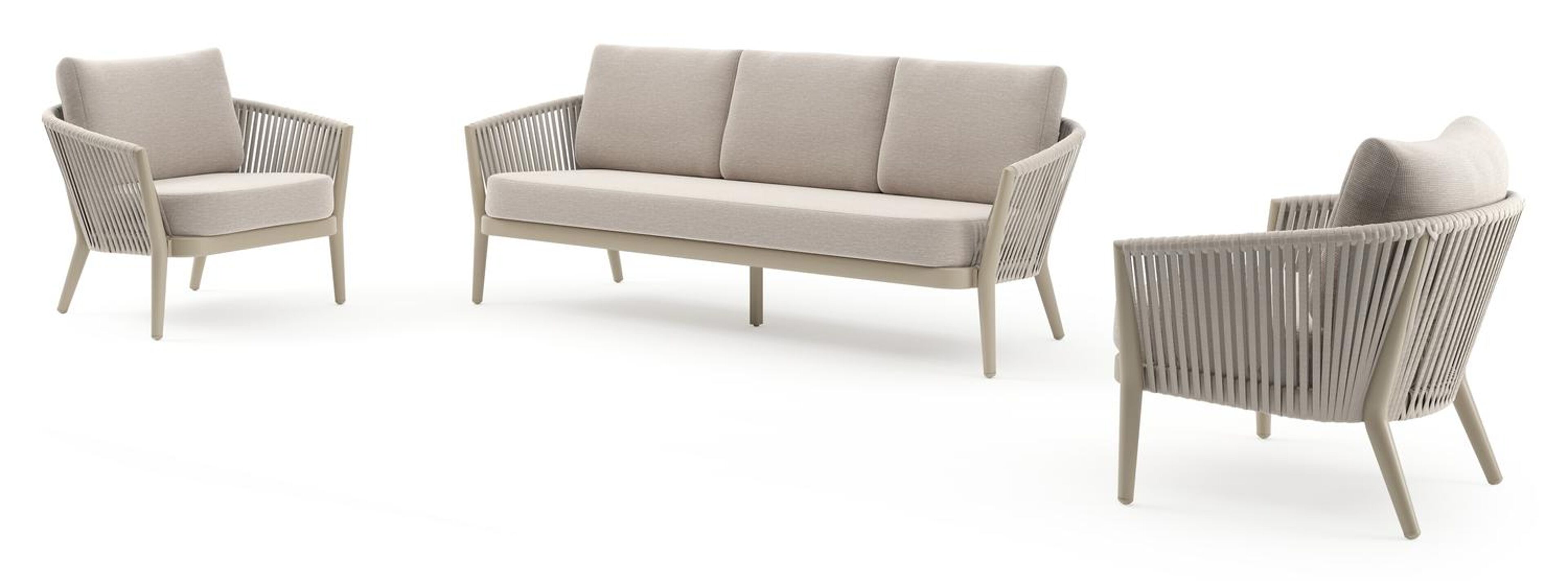 Salon de jardin Orso en aluminium beige en corde luxe plate tissée verticalement beige et coussins en all weather sunbrella® luxe Slow Farafra