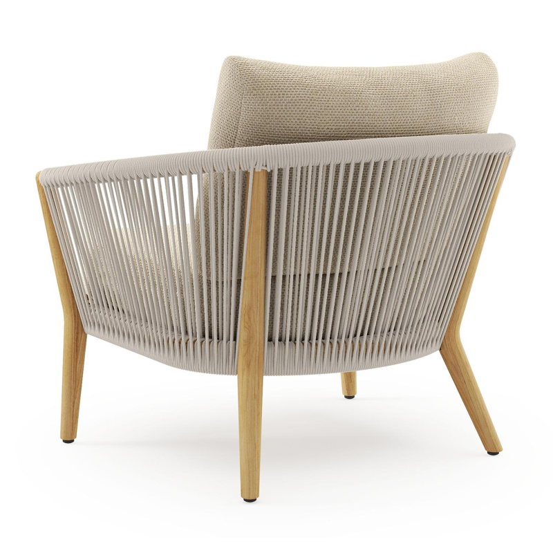 Orso loungestoel in teak en beige verticaal geweven ronde rope met Althea Camel all weather cosytica kussen