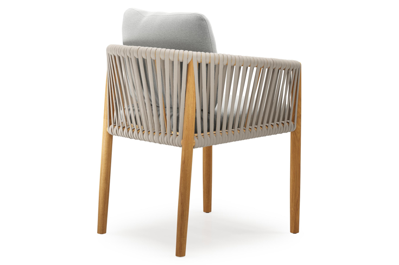 Organo tuinstoel in teak en beige verticaal geweven luxe vlakke rope met zitkussen in All Weather Sunbrella® Luxe Natte Grey Chine