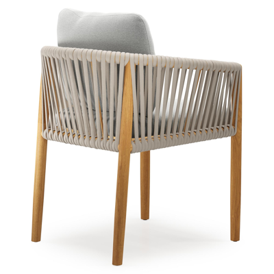 Organo tuinstoel in teak en beige verticaal geweven luxe vlakke rope met zitkussen in All Weather Sunbrella® Luxe Natte Grey Chine