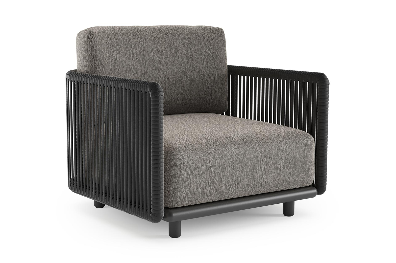 Organo loungestoel in zwart aluminium en zwart verticaal geweven luxe vlakke rope met chartres drizzle all weather Sunbrella® luxe kussen