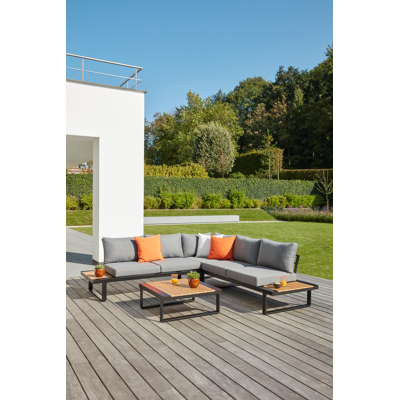 Serado loungehoek in zwart polywood en polywood met grijs polywood kussen en loungetafel