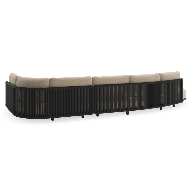 Salon de jardin d'angle Lomano en aluminium noir et corde luxe plate tissée verticalement noir et coussins en all weather cosytica althea chalk