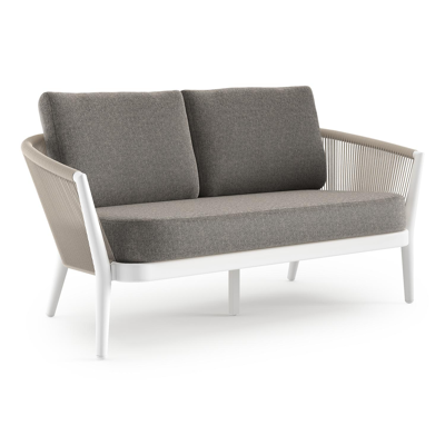 Canapé de jardin Orso en aluminium blanc en corde ronde tissée verticalement beige et coussins en all weather sunbrella® luxe Chartres Drizzle