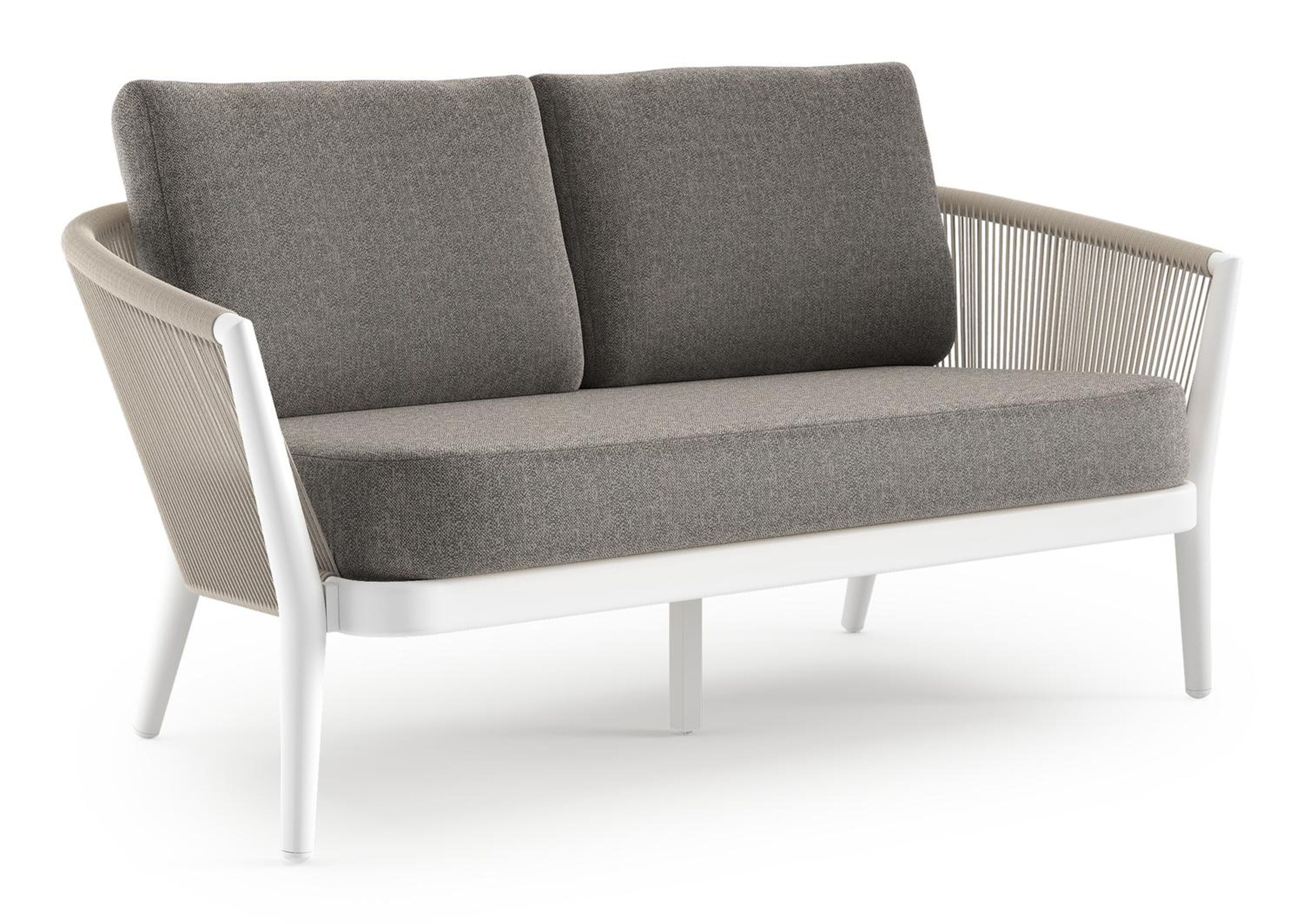 Canapé de jardin Orso en aluminium blanc en corde ronde tissée verticalement beige et coussins en all weather sunbrella® luxe Chartres Drizzle