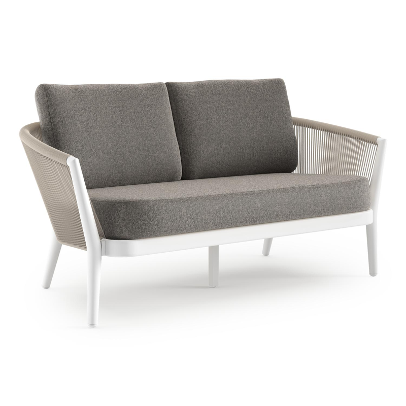 Canapé de jardin Orso en aluminium blanc en corde ronde tissée verticalement beige et coussins en all weather sunbrella® luxe Chartres Drizzle