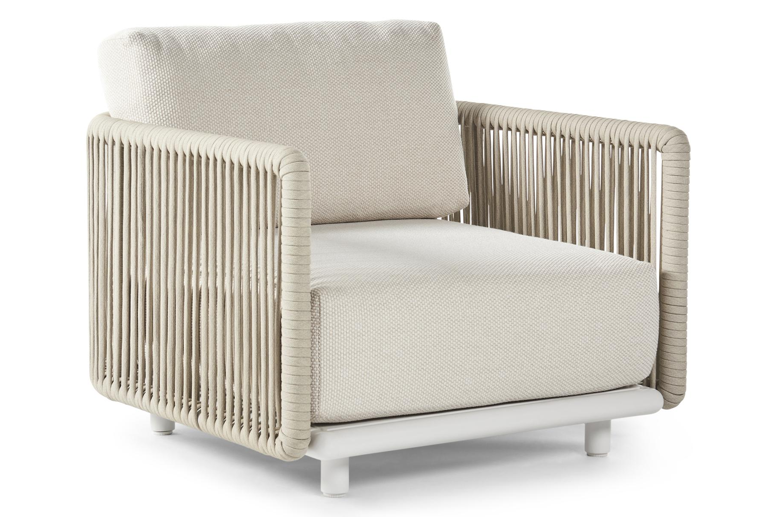 Organo loungestoel 1-zit in wit aluminium en beige verticaal geweven luxe vlakke rope met althea off white All Weather Cosytica kussen