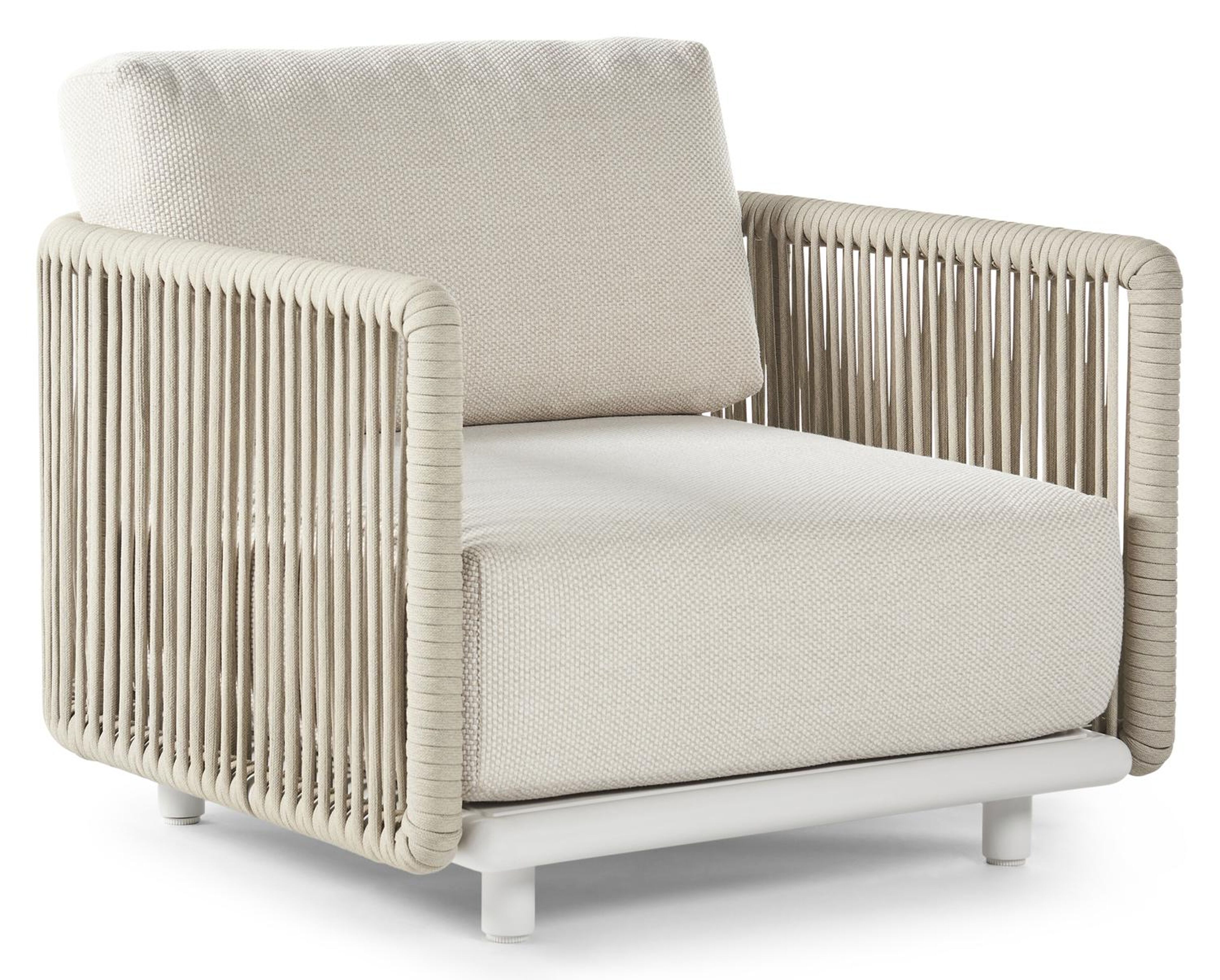 Organo loungestoel 1-zit in wit aluminium en beige verticaal geweven luxe vlakke rope met althea off white All Weather Cosytica kussen