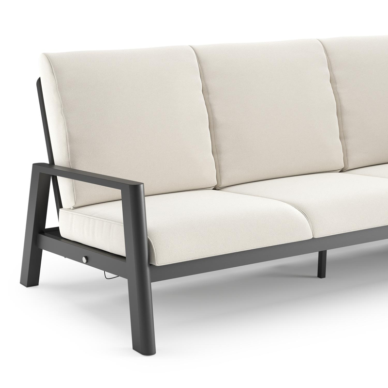 Canapé de jardin Cirello en aluminium noir et coussins en all weather sunbrella® luxe savane white