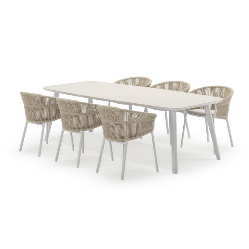 Mosa ensemble de jardin forme de bateau en aluminium blanc en sintered stone crema minerale avec 6 chaises de jardin Matera