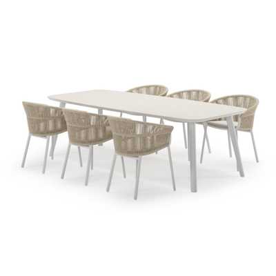 Mosa bootvormige tuinset in wit aluminium en sintered stone crema minerale met 6 Matera tuinstoelen