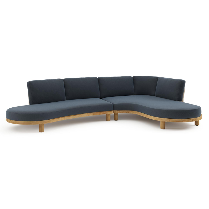 Donato loungehoek in teak en beige verticaal geweven ronde rope met all weather sunbrella® luxe Heritage Indigo kussen