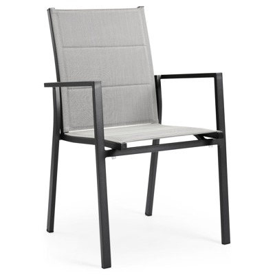 Rimini stapelbare tuinstoel in zwart aluminium en grijs comfort textilene