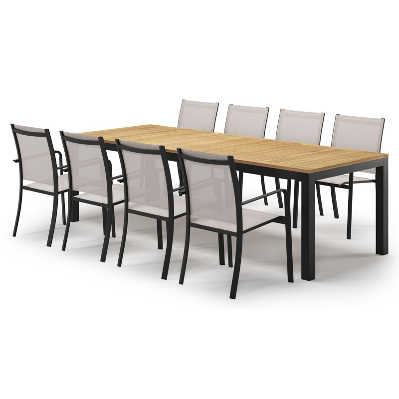 Ensemble de jardin Varese en aluminium noir et teck avec 8 chaises de jardin Calobra