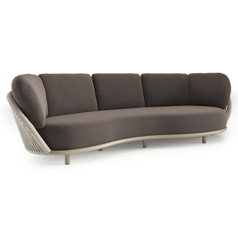 Canapé de jardin Lupino en aluminium beige et corde large plate de luxe tissée verticalement beige et coussins en all weather sunbrella® luxe natte nature grey