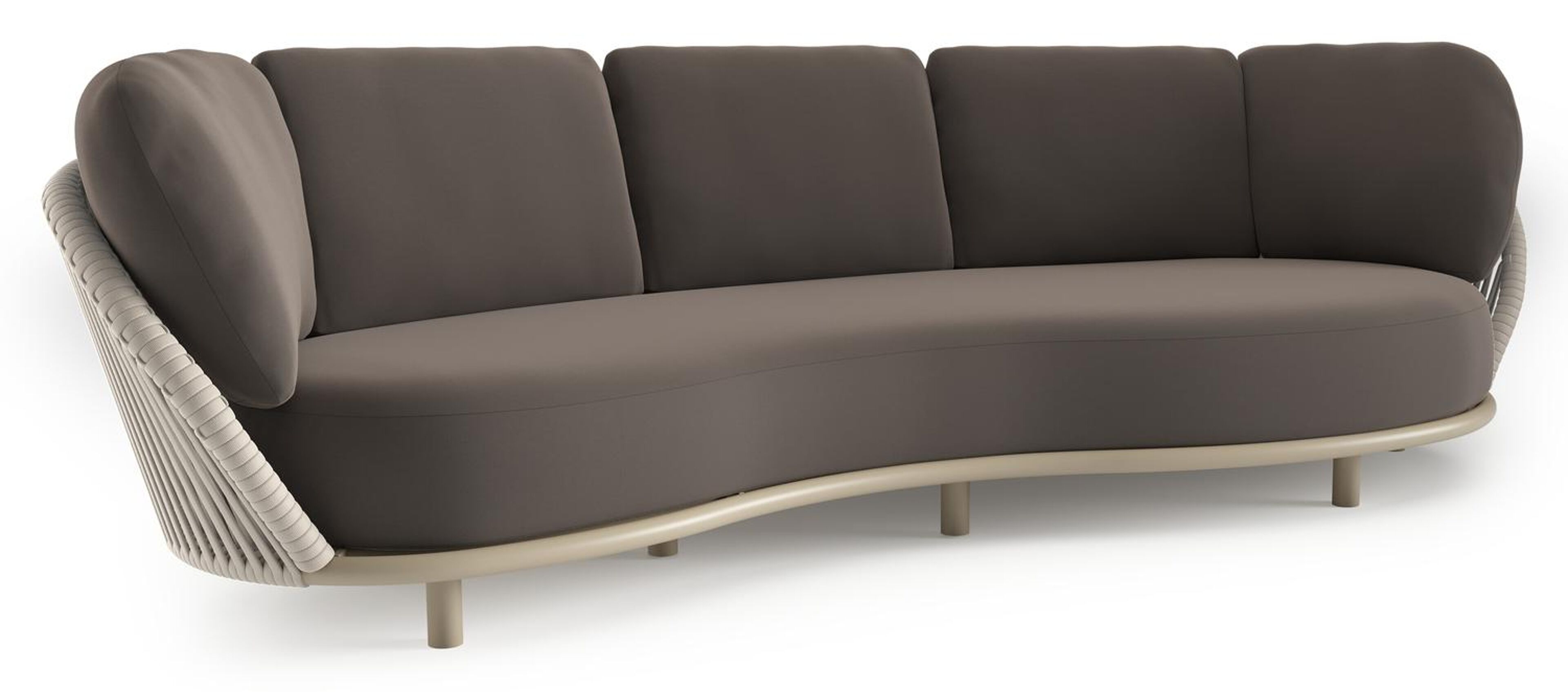 Canapé de jardin Lupino en aluminium beige et corde large plate de luxe tissée verticalement beige et coussins en all weather sunbrella® luxe natte nature grey