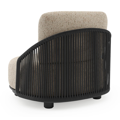 Vadelo loungestoel in zwart aluminium en zwart verticaal geweven ronde rope met bora jungle all weather cosytica kussen