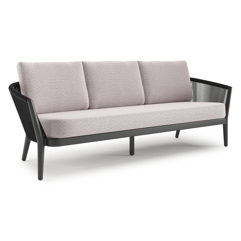 Orso loungebank in zwart aluminium en zwart verticaal geweven ronde rope met Wander Gobi all weather sunbrella® luxe kussen