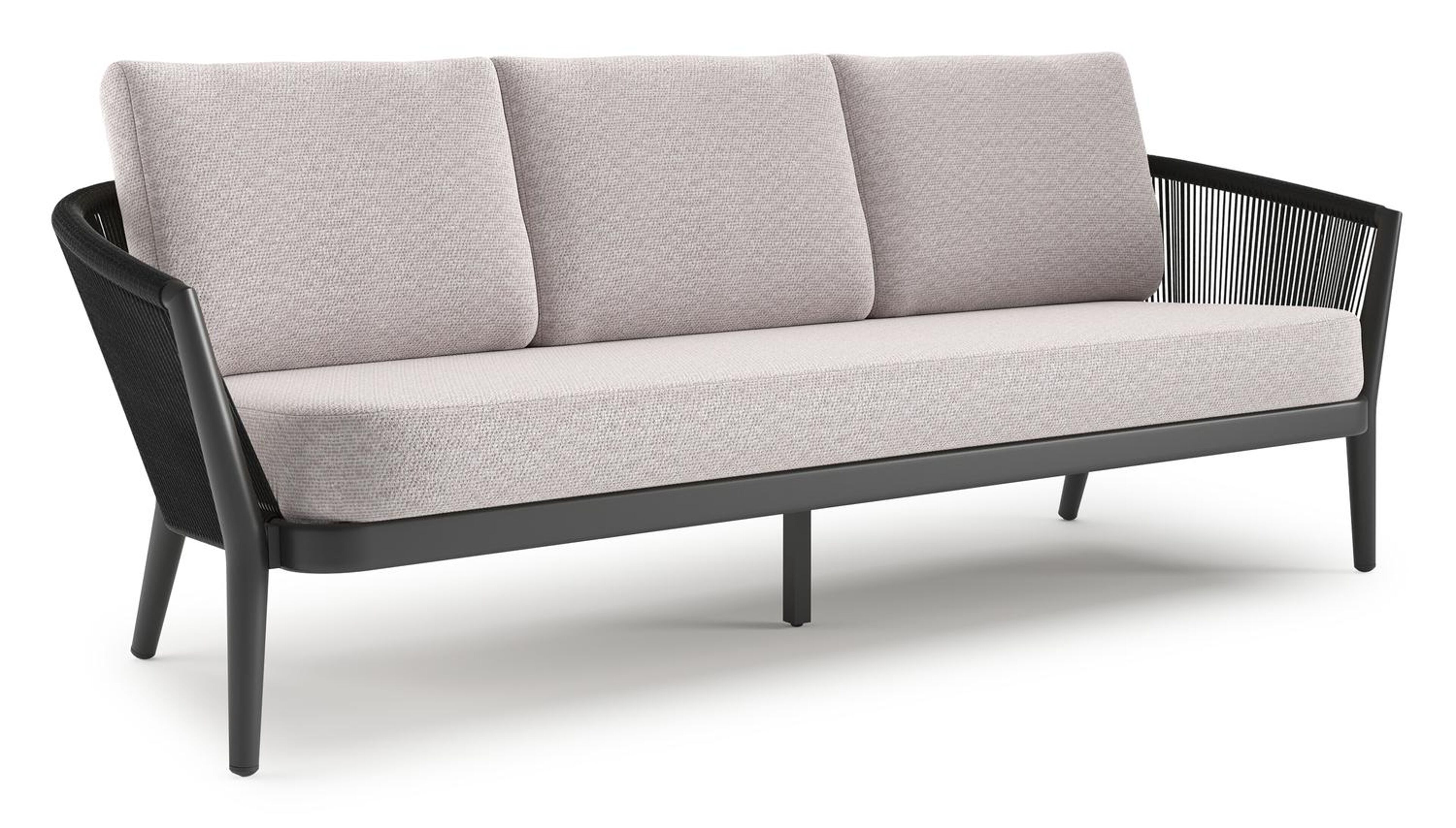 Orso loungebank in zwart aluminium en zwart verticaal geweven ronde rope met Wander Gobi all weather sunbrella® luxe kussen