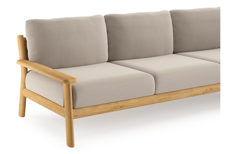 Canapé de jardin Amaro en teck et coussins en all weather sunbrella® luxe lopi fossil