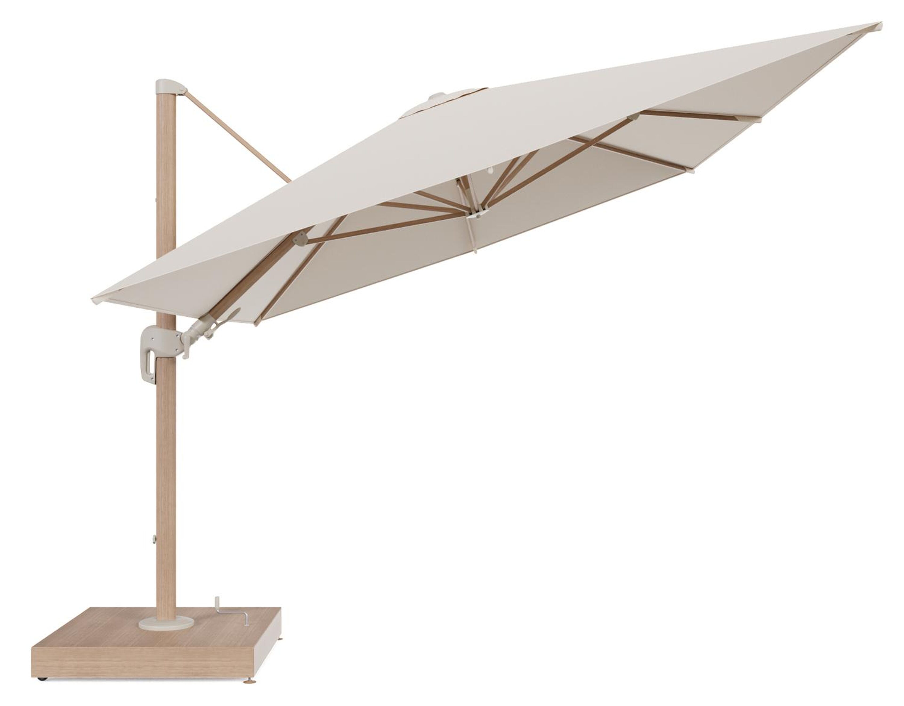 Rufina zweefparasol met tiltfunctie in houtlook aluminium en Heritage Papyrus All Weather Sunbrella® Luxe parasoldoek - L1 400 x L2 300 cm met parasolvoet Minore 260 kg met wielen