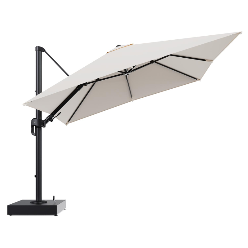 Rufina zweefparasol met tiltfunctie in zwart aluminium en Natte Linen Chalk All Weather Sunbrella® Luxe parasoldoek - L1 300 x L2 300 cm met parasolvoet Minore 150 kg met wielen