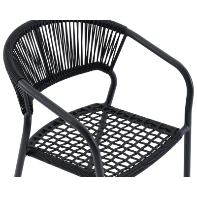 Tora tuinset in zwart aluminium en grijs keramische print tafelblad met 4 stapelbare Vigo tuinstoelen